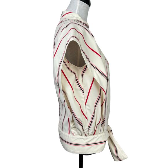 3.1 PHILLIP LIM | Ivory Red Striped Stand Collar Cap Sleeve Tie Hem Designer Top - Picture 5 of 15
